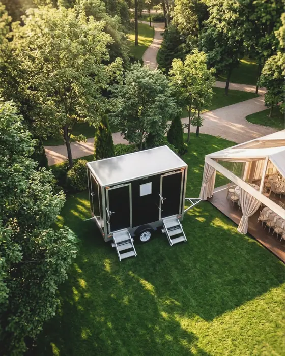Restroom trailer set beside a wedding tent